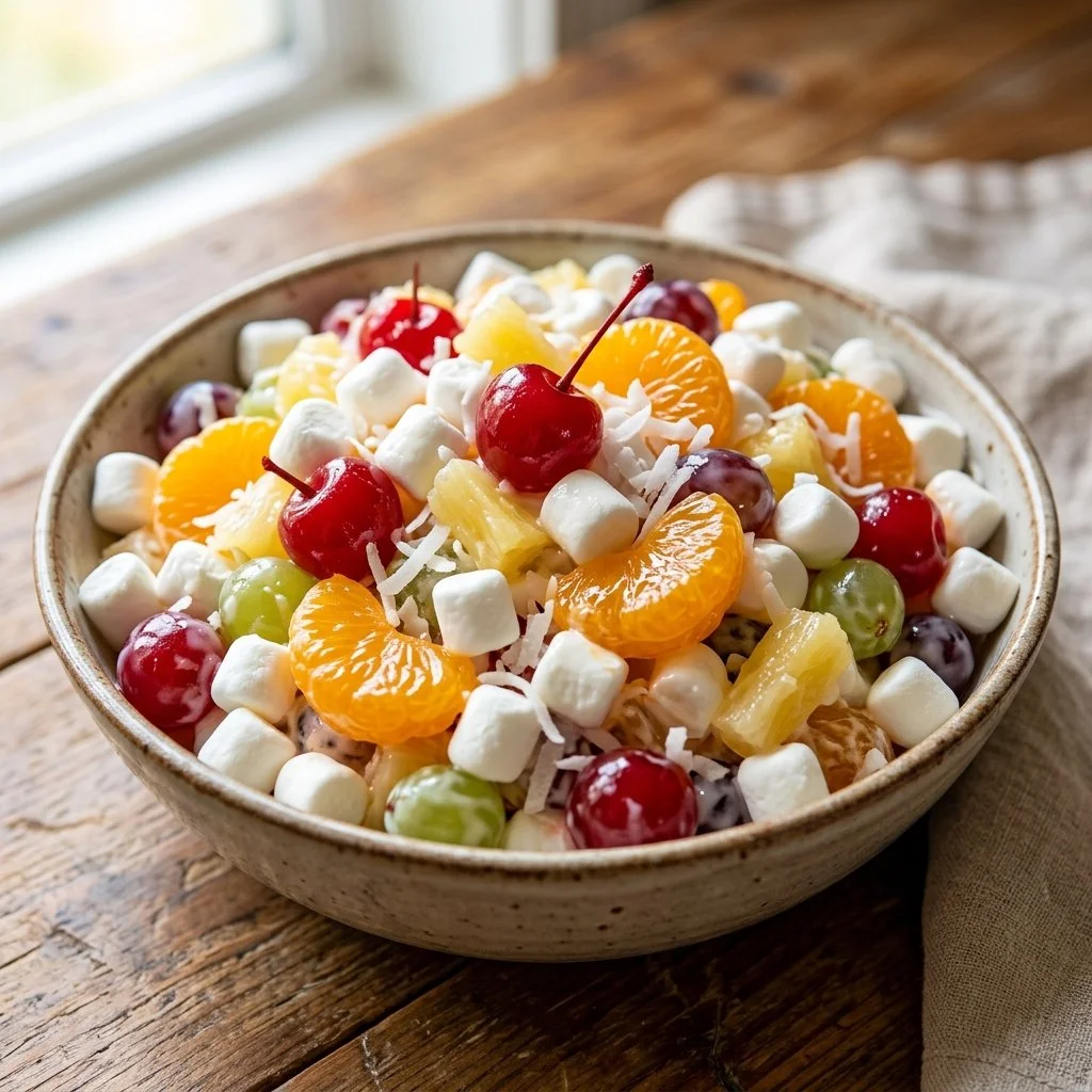 Delicious Ambrosia Salad served in a bowl with fruits and marshmallows