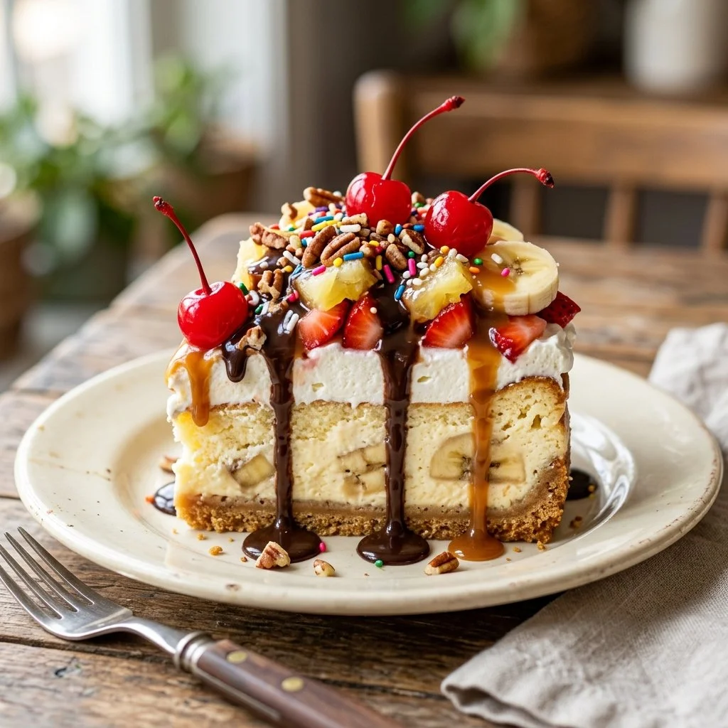 Delicious Banana Split Cake topped with whipped cream and cherries