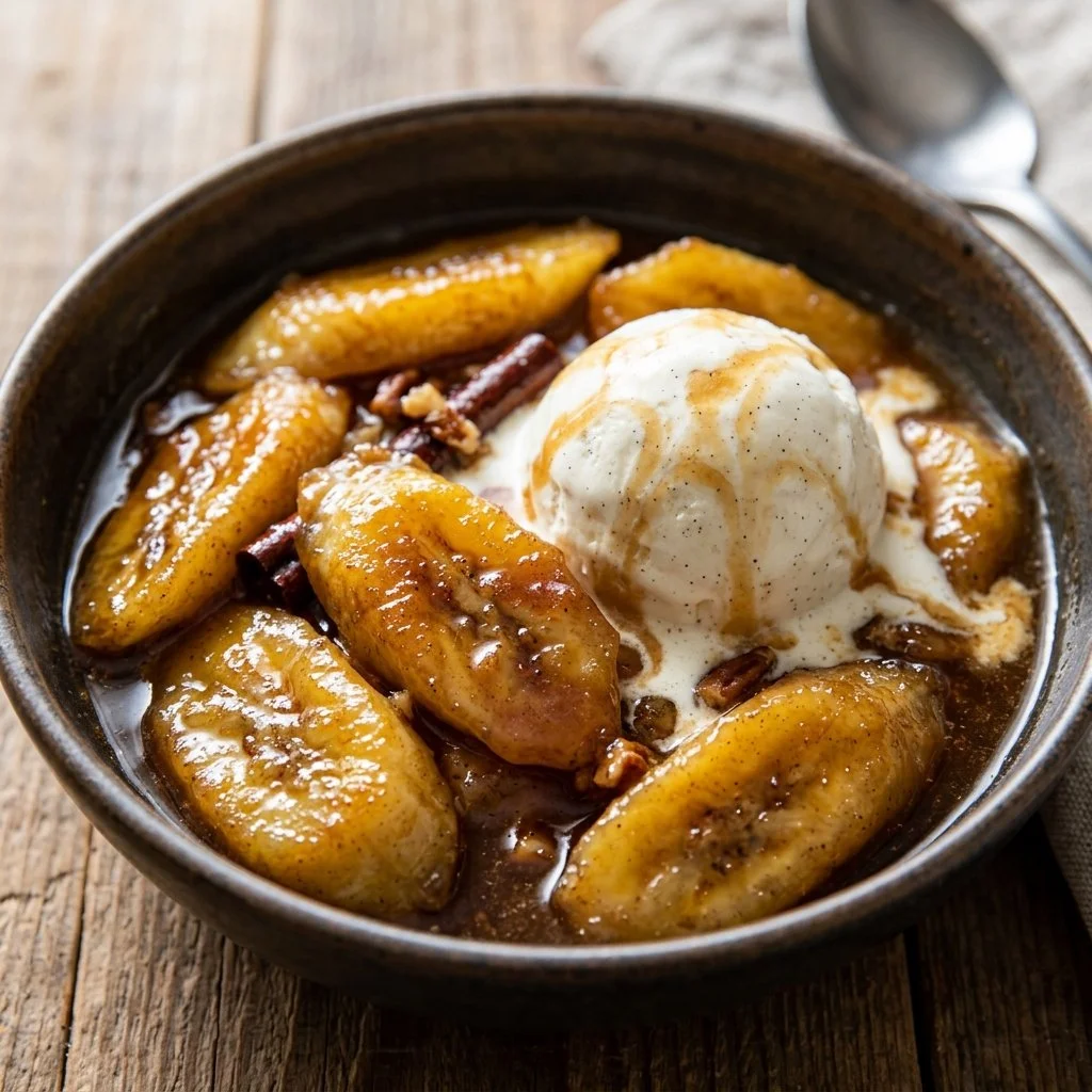 Delicious Bananas Foster dessert served with ice cream and caramel sauce