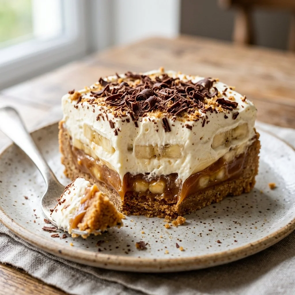 Delicious homemade Banoffee Pie topped with bananas and whipped cream