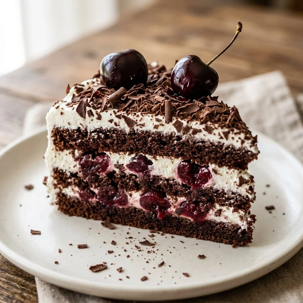 Slice of Black Forest Cake with cherries and chocolate shavings on a white plate