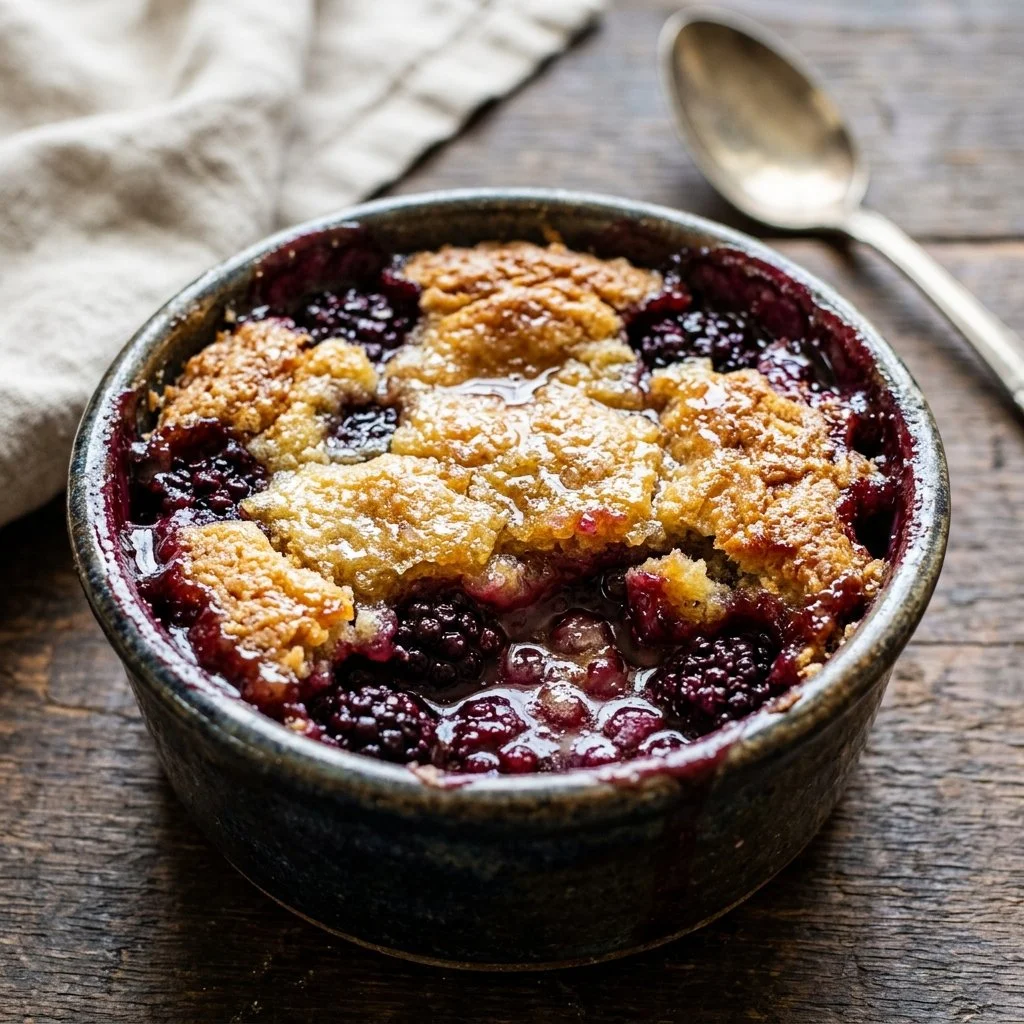 Delicious homemade Blackberry Cobbler served warm with ice cream
