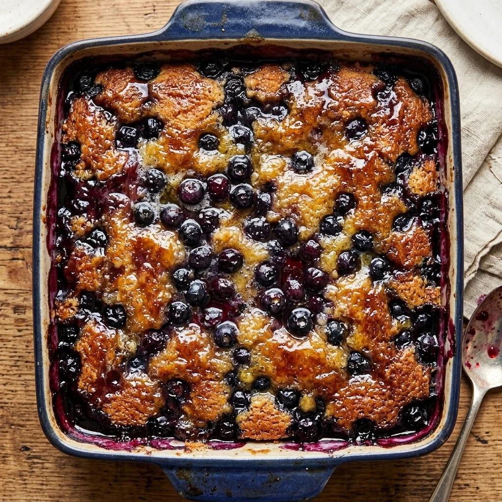 Delicious homemade blueberry dump cake served on a plate