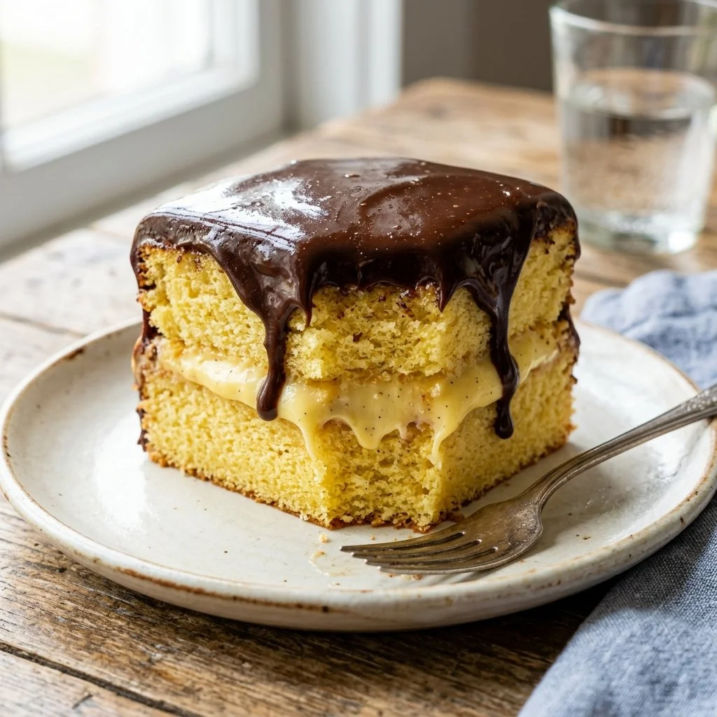 Delicious homemade Boston Cream Pie with chocolate glaze and custard filling