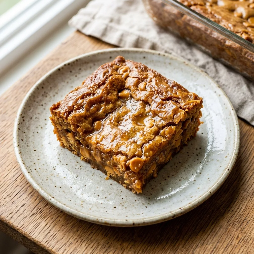 Freshly baked butterscotch blondies on a plate