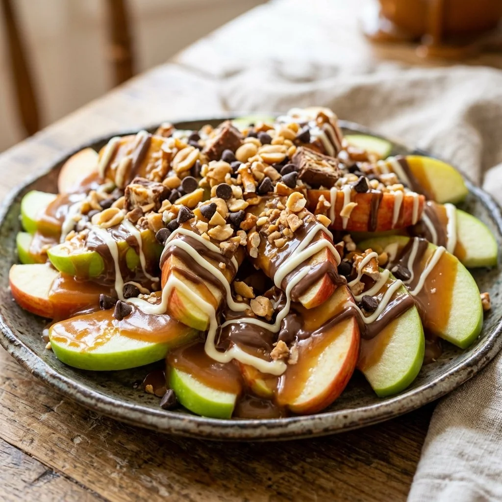 Delicious Caramel Apple Nachos topped with caramel and sprinkles