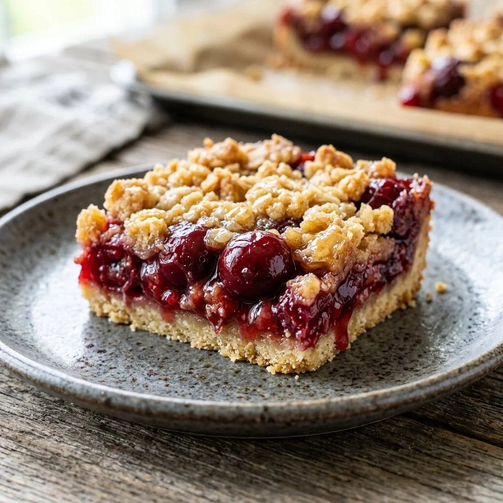 Delicious cherry pie bars topped with fresh cherries and a crumble