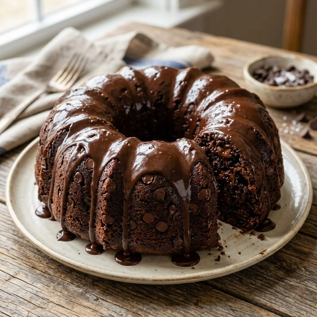Delicious Chocolate Chip Bundt Cake served on a plate with chocolate chips on top.