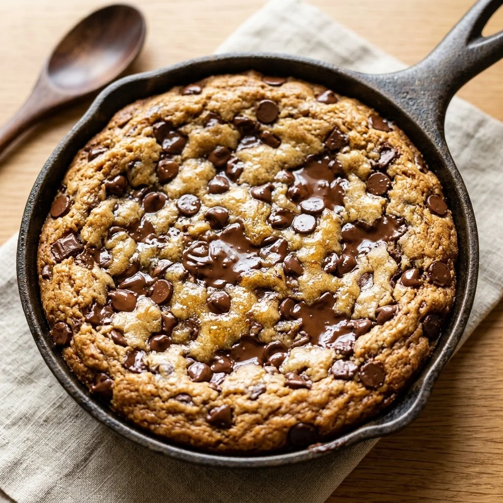 Delicious chocolate chip skillet cookie freshly baked in a cast iron pan