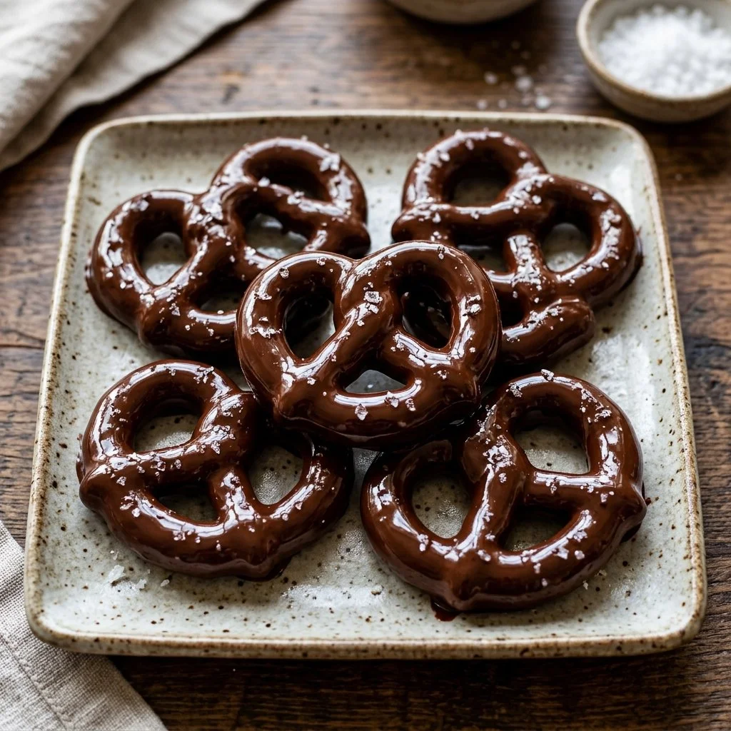 Delicious chocolate covered pretzels drizzled with white chocolate.