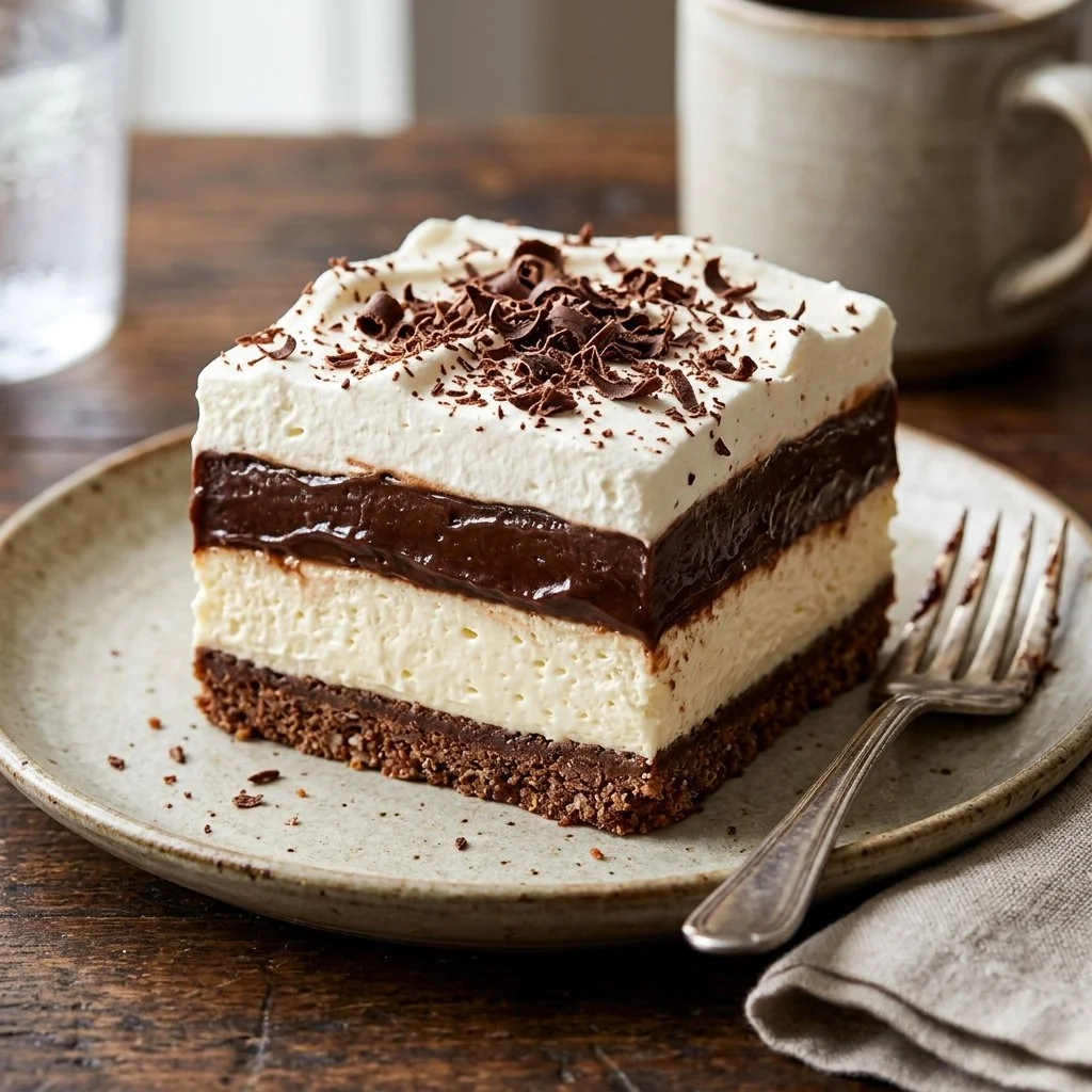 Delicious Chocolate Lush dessert with layers of rich chocolate cream and crust