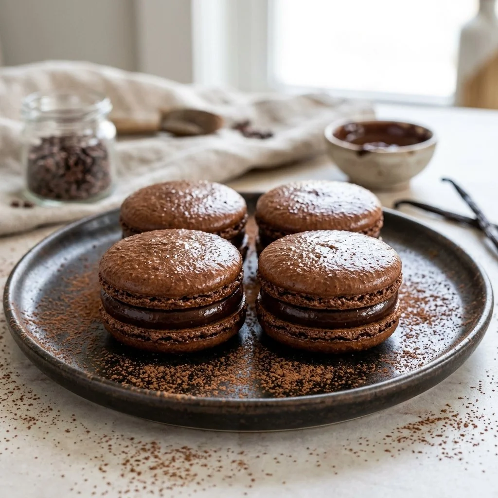 Delicious homemade chocolate macarons displayed on a decorative plate