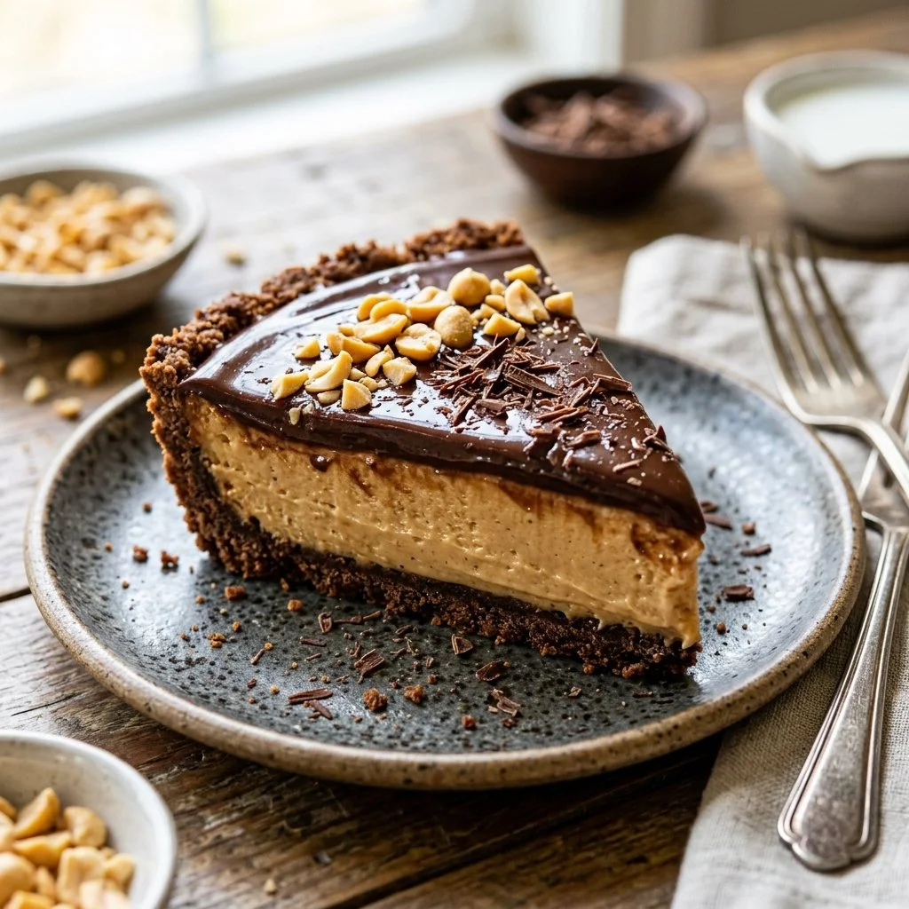 Delicious Chocolate Peanut Butter Pie topped with chocolate drizzle and peanuts