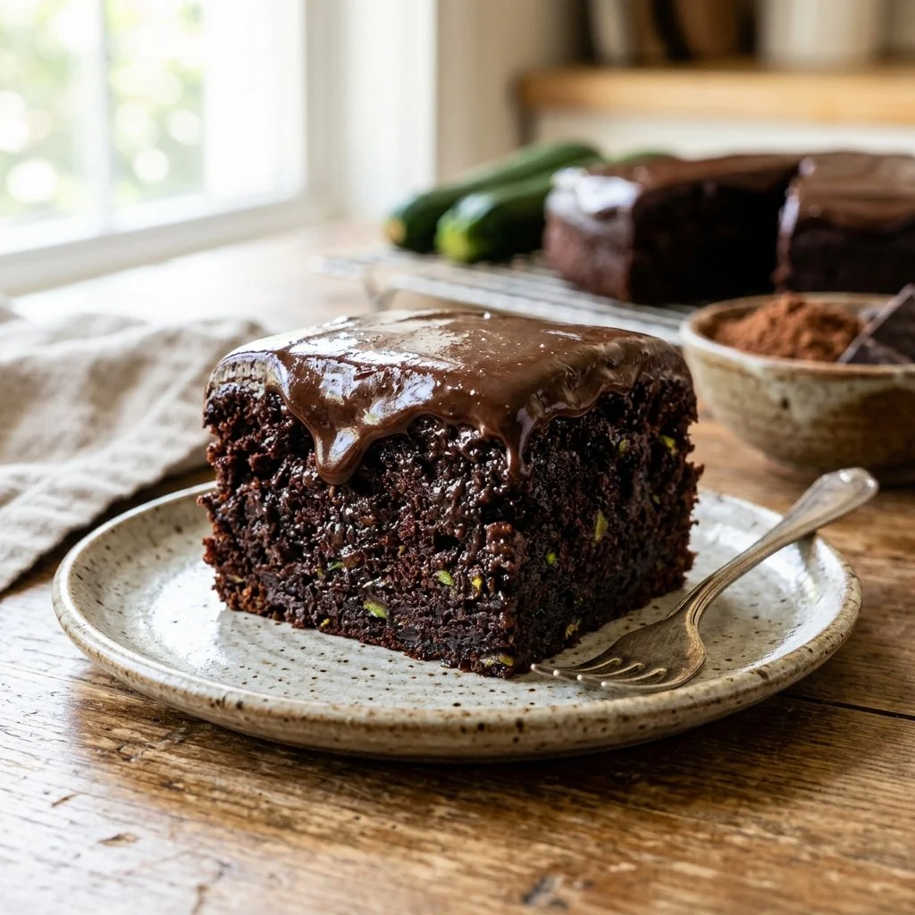 Delicious homemade Chocolate Zucchini Cake topped with chocolate frosting