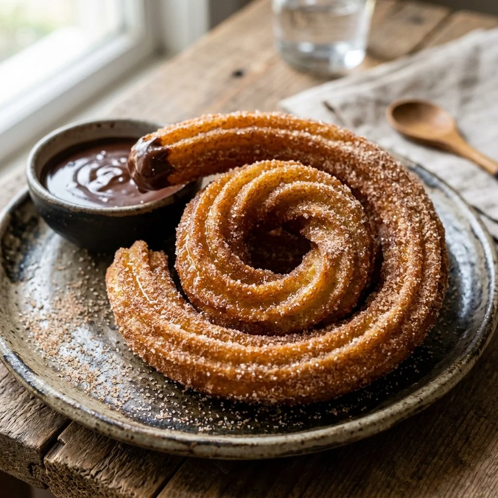 Freshly made cinnamon sugar churros dusted with sweet cinnamon sugar