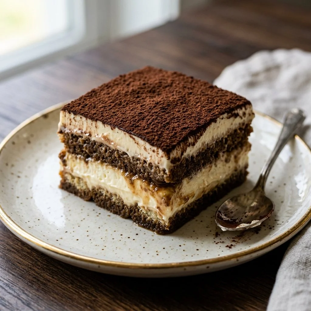 Delicious classic tiramisu dessert with coffee and mascarpone layers