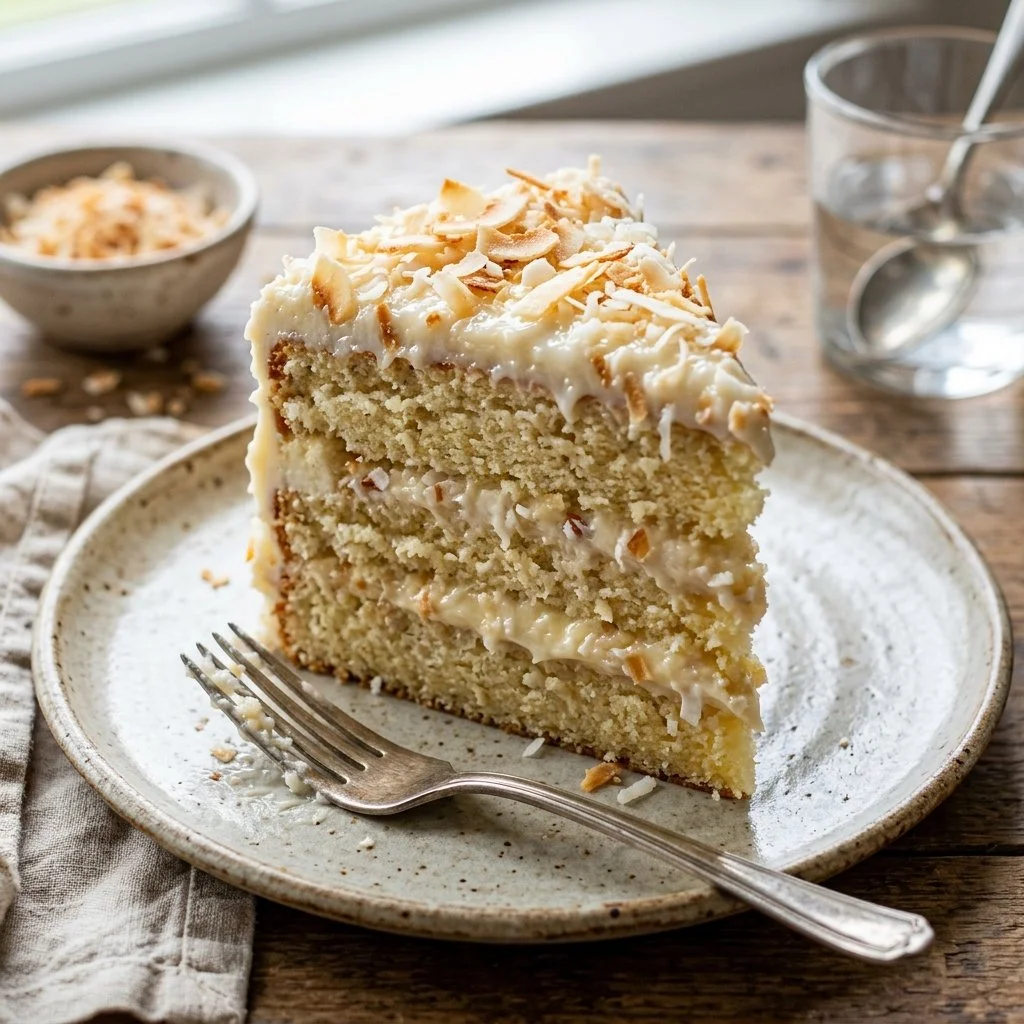 Deliciously moist Coconut Cream Cake topped with creamy frosting and coconut flakes