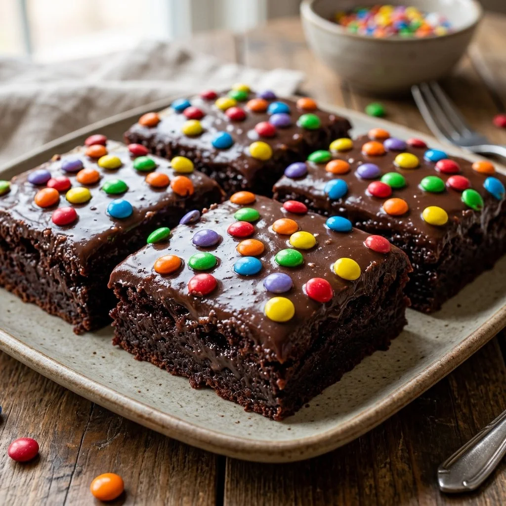 Delicious Cosmic Brownies topped with colorful sprinkles and chocolate icing.