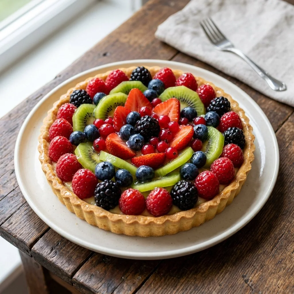 Delicious French fruit tart topped with fresh seasonal fruits and creamy filling
