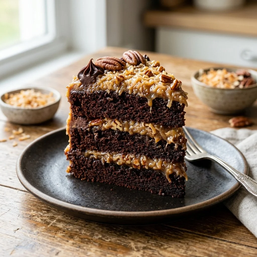 Delicious German Chocolate Cake topped with coconut and pecan frosting