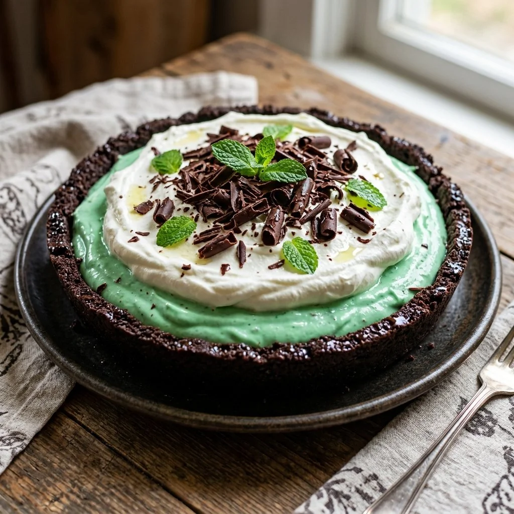Delicious Grasshopper Pie garnished with mint and chocolate shavings.