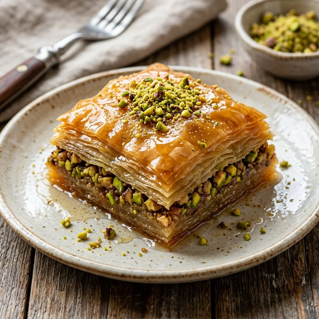 Delicious homemade baklava with layers of phyllo, nuts, and honey syrup