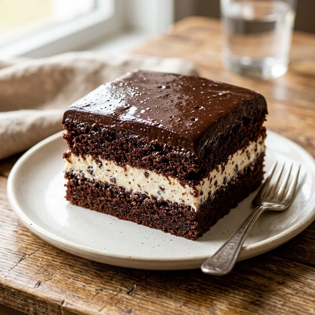 A delicious slice of Italian Love Cake topped with chocolate and cream.