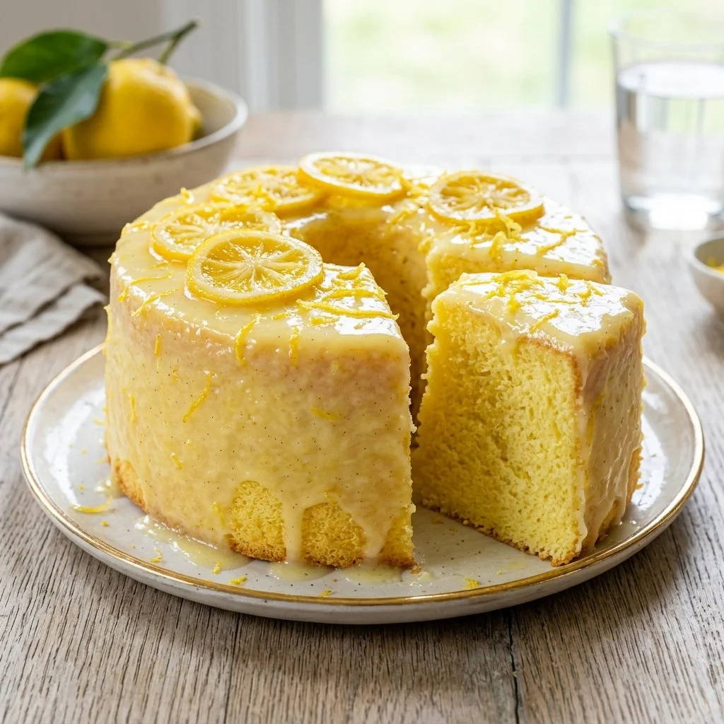 Slice of delicious Lemon Chiffon Cake with lemon zest garnish.