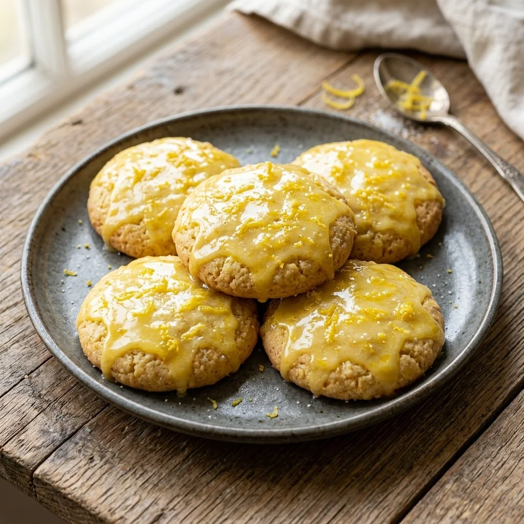 Plate of freshly baked Lemon Cooler Cookies with lemon zest and glaze