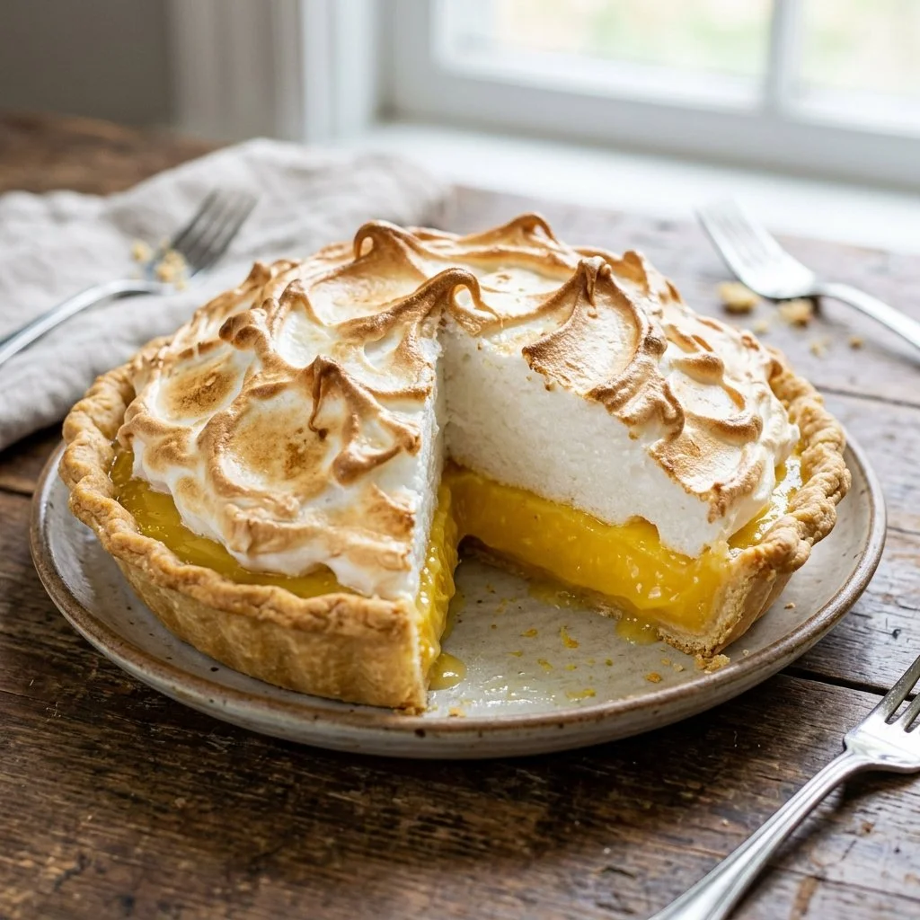 Homemade Lemon Meringue Pie with fluffy meringue topping and bright yellow filling