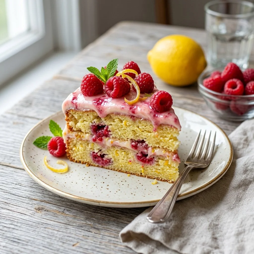 Lemon Raspberry Cake topped with fresh raspberries and lemon zest