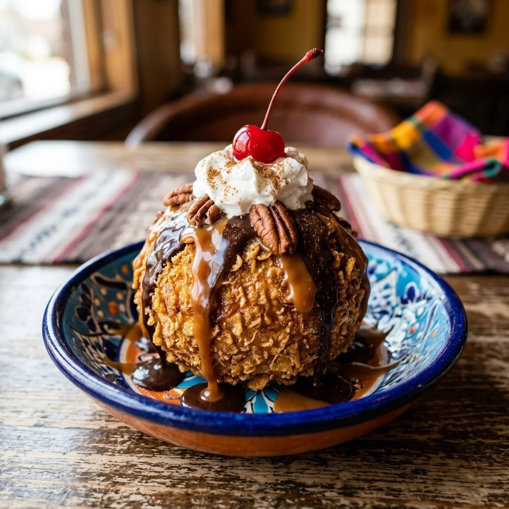 Delicious Mexican fried ice cream served in a bowl with toppings