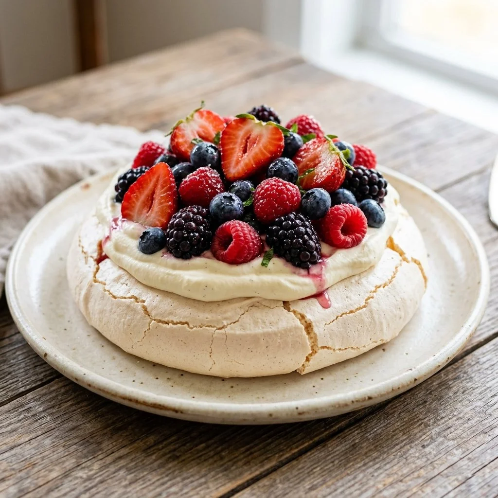 Delicious Mixed Berry Pavlova dessert with fresh berries and whipped cream