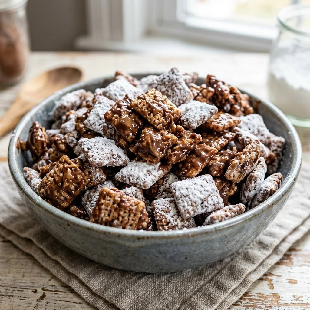 A bowl of tasty Muddy Buddies snacks with chocolate and peanut butter coating.