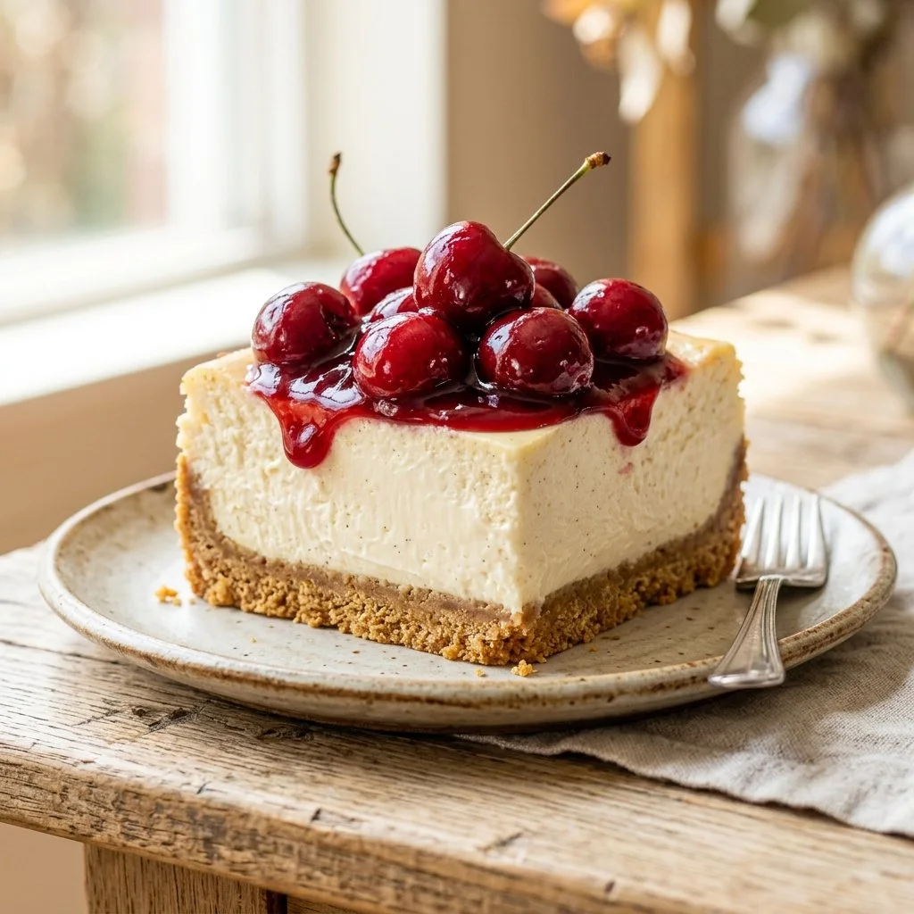 Delicious no bake cherry cheesecake served on a plate with fresh cherries