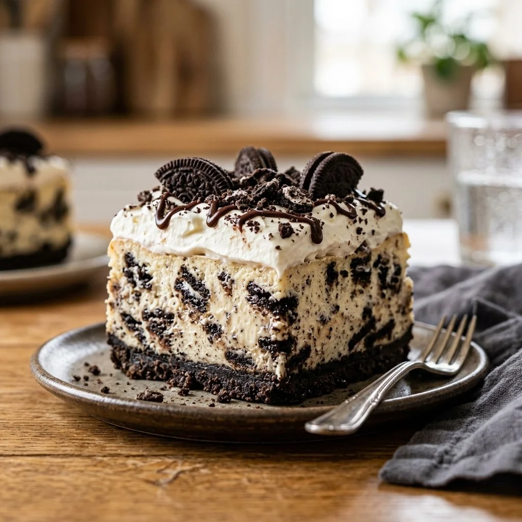 Delicious no bake Oreo cheesecake topped with crushed Oreos and chocolate drizzle.