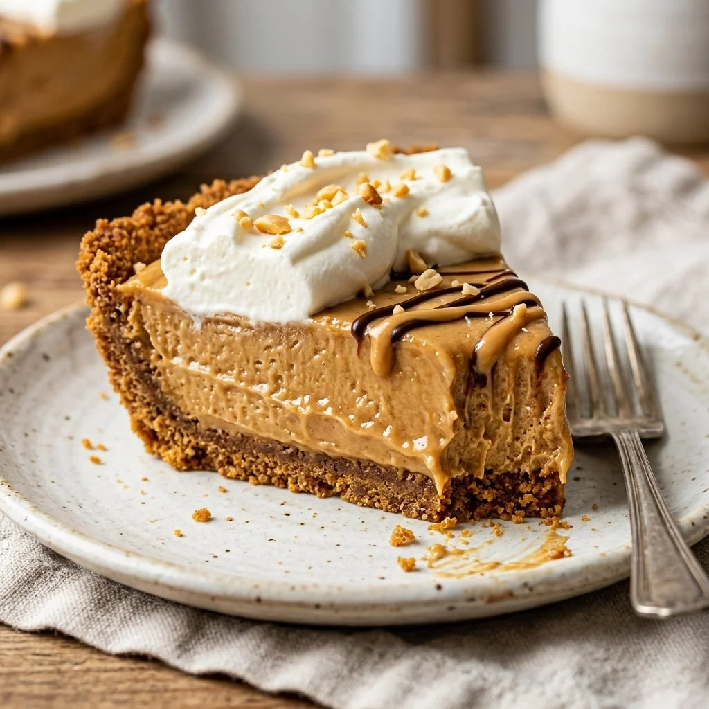 Delicious no bake peanut butter pie topped with whipped cream and chocolate.