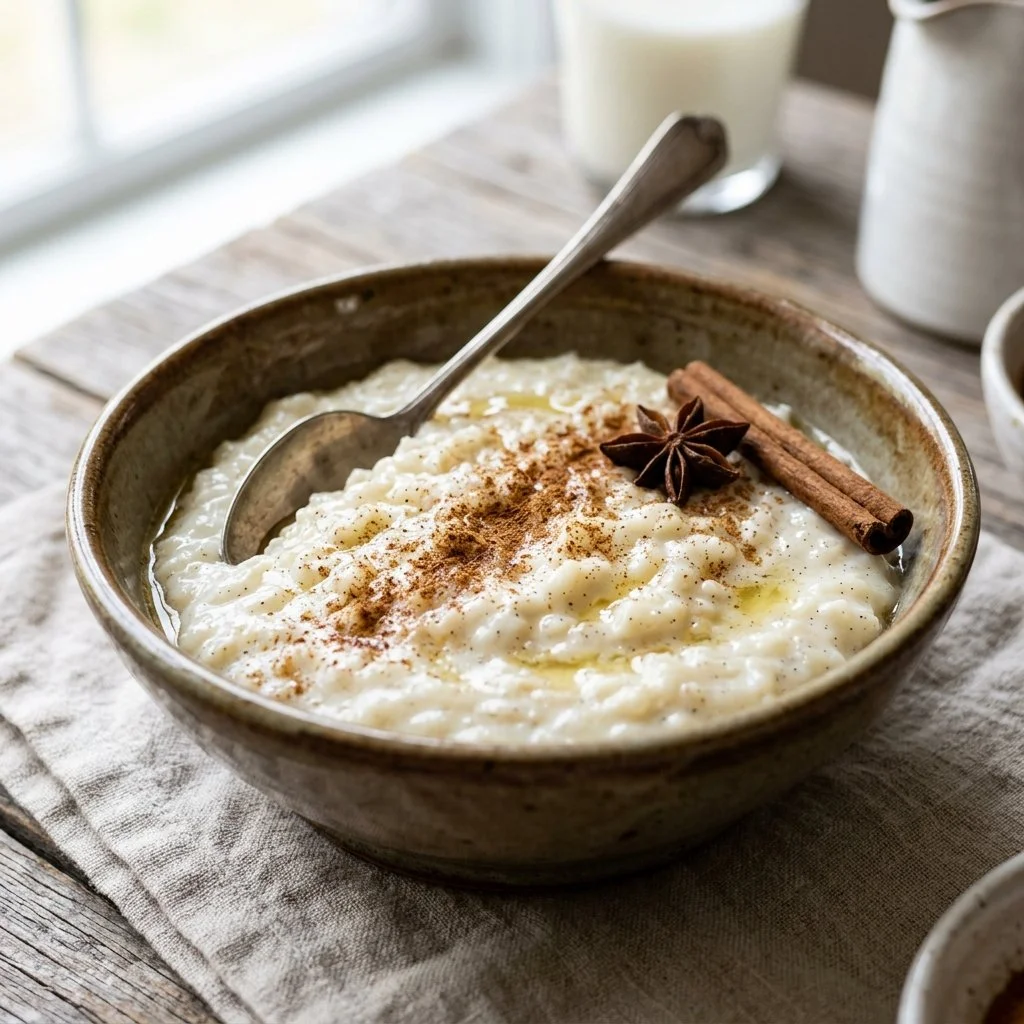 Bowl of creamy old fashioned rice pudding with cinnamon and raisins