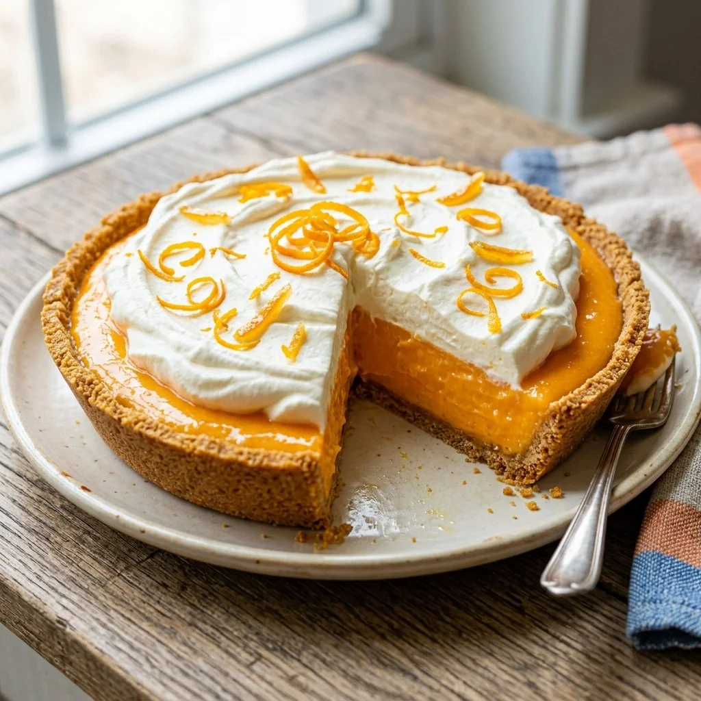 Delicious Orange Creamsicle Pie with a creamy orange filling and graham cracker crust