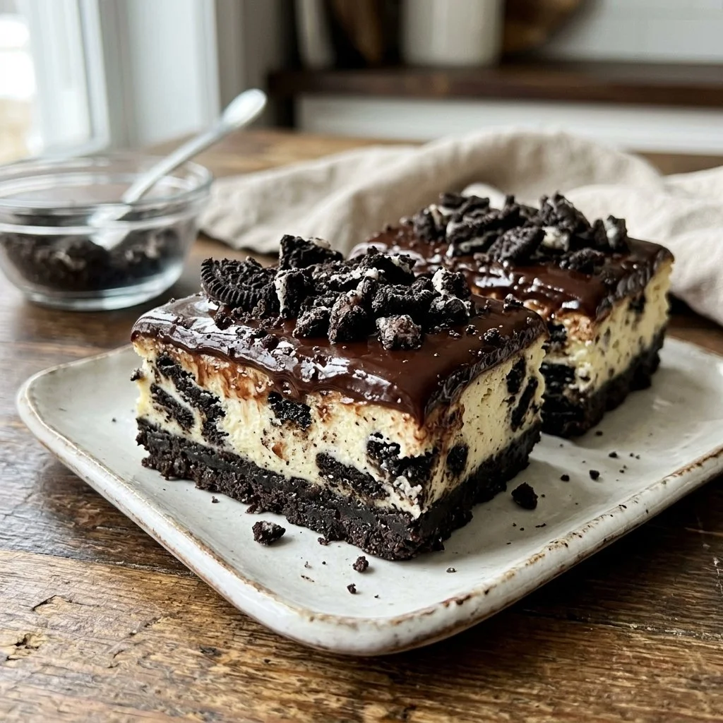 Deliciously rich Oreo Cheesecake Bars topped with crushed Oreo cookies
