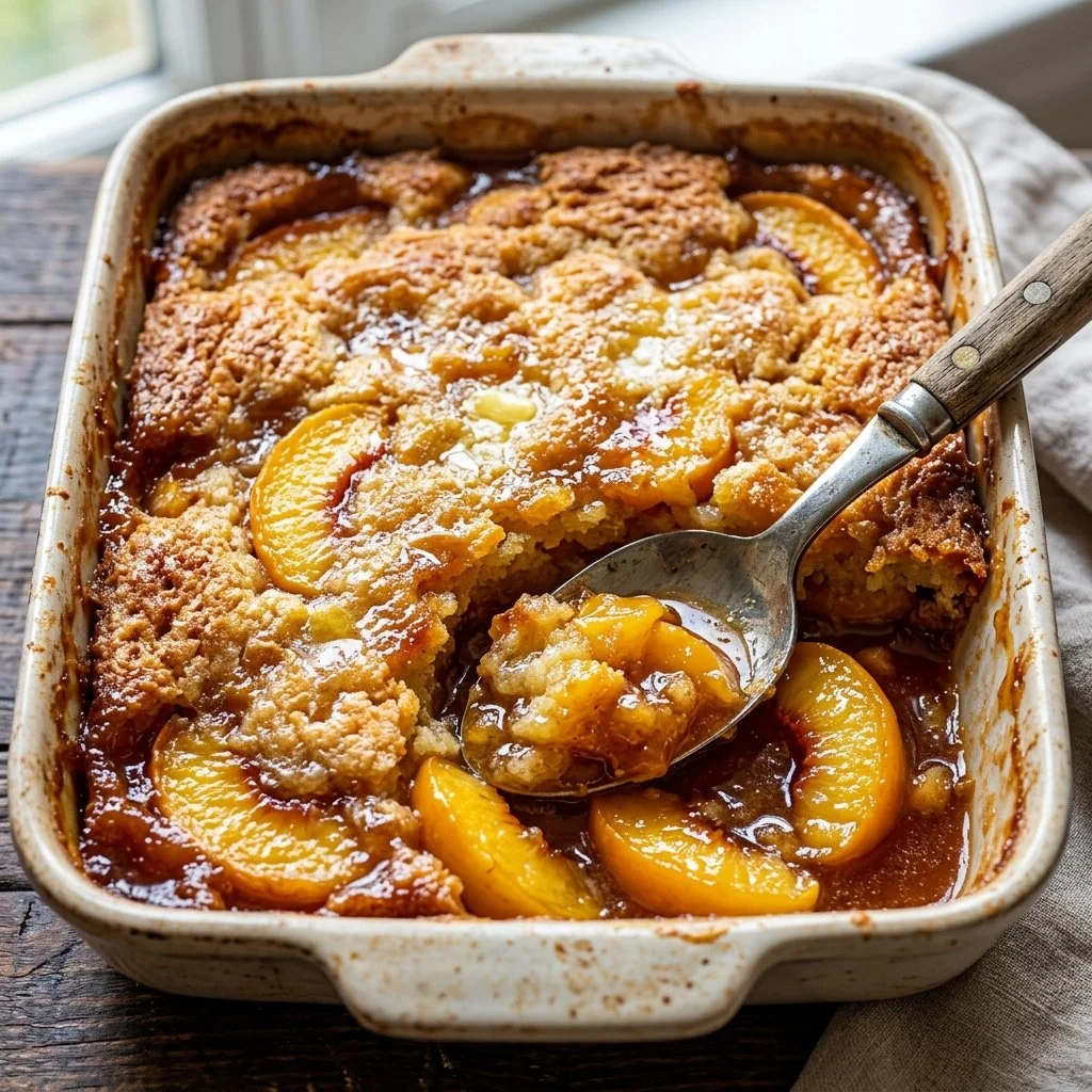 Delicious Peach Dump Cake served with whipped cream