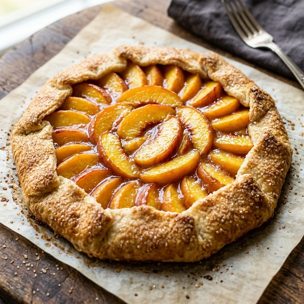 Delicious homemade Peach Galette with fresh peaches and a golden crust.