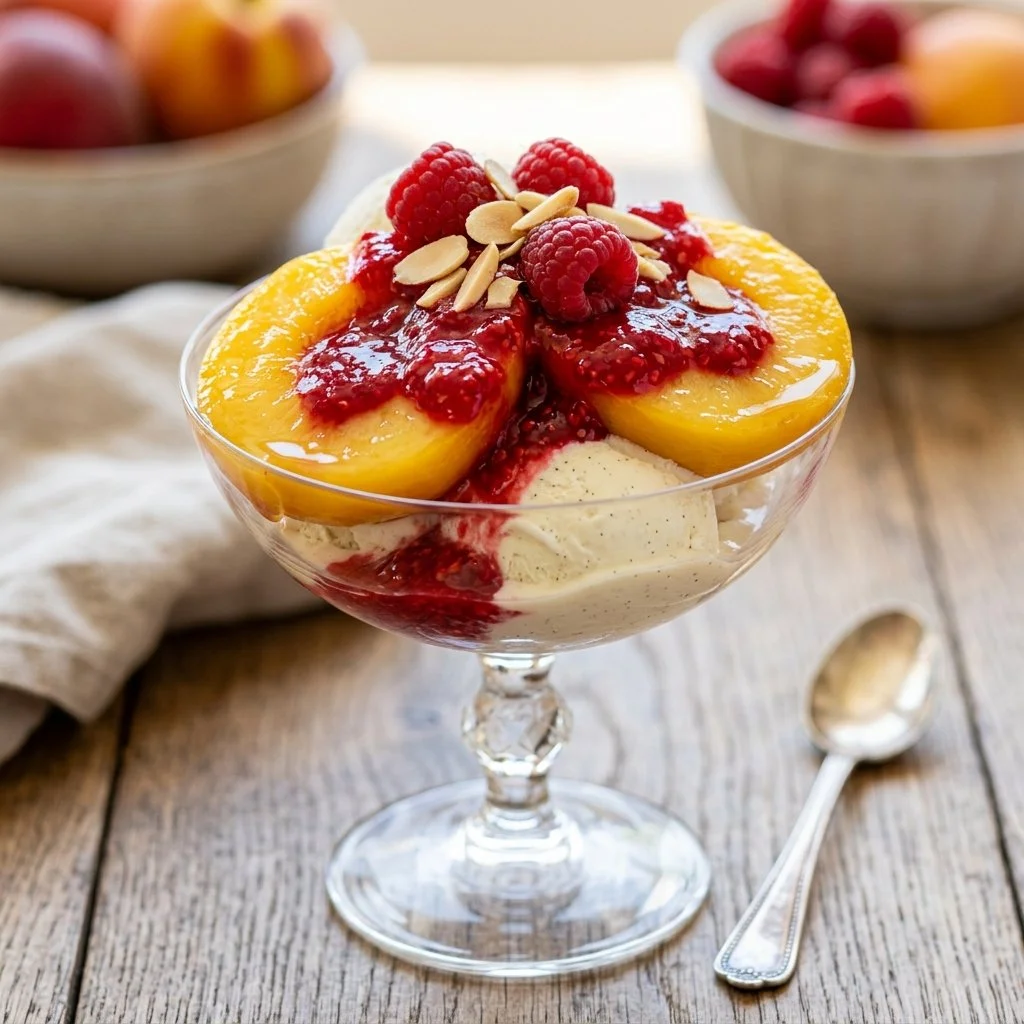 Delicious Peach Melba dessert with peaches, raspberry sauce, and vanilla ice cream.