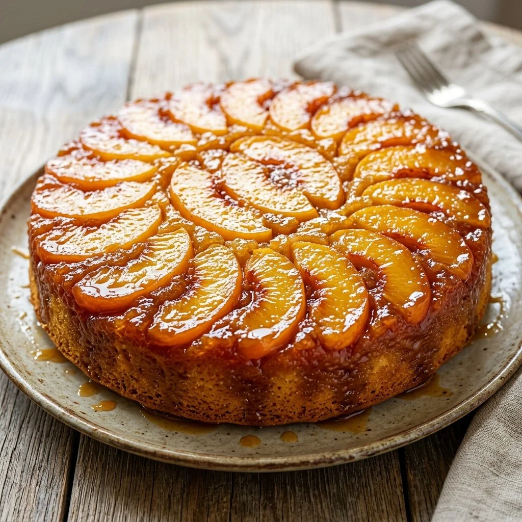 Homemade Peach Upside Down Cake decorated with caramelized peaches and whipped cream