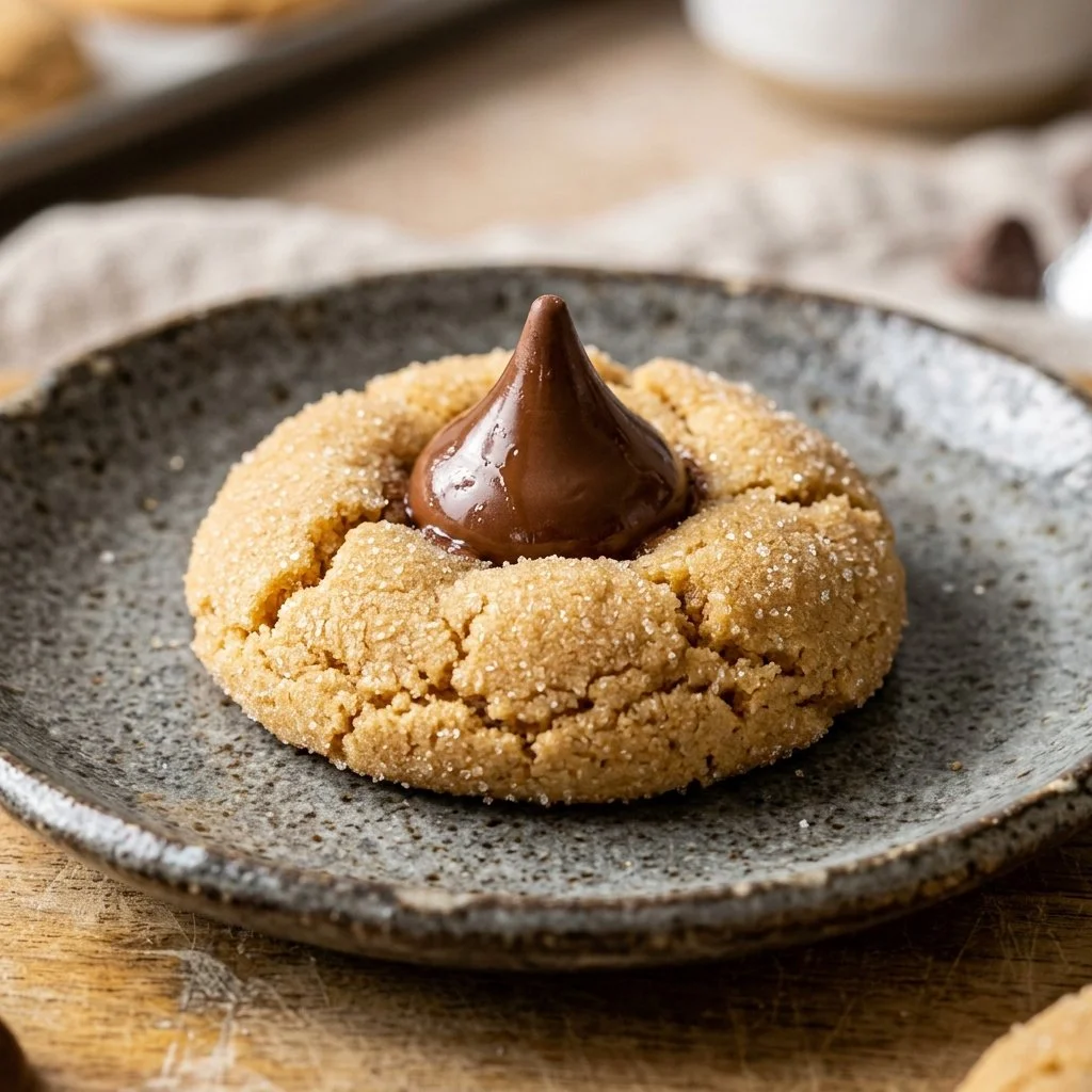 Peanut Butter Blossom Cookies topped with chocolate kisses on a baking tray.