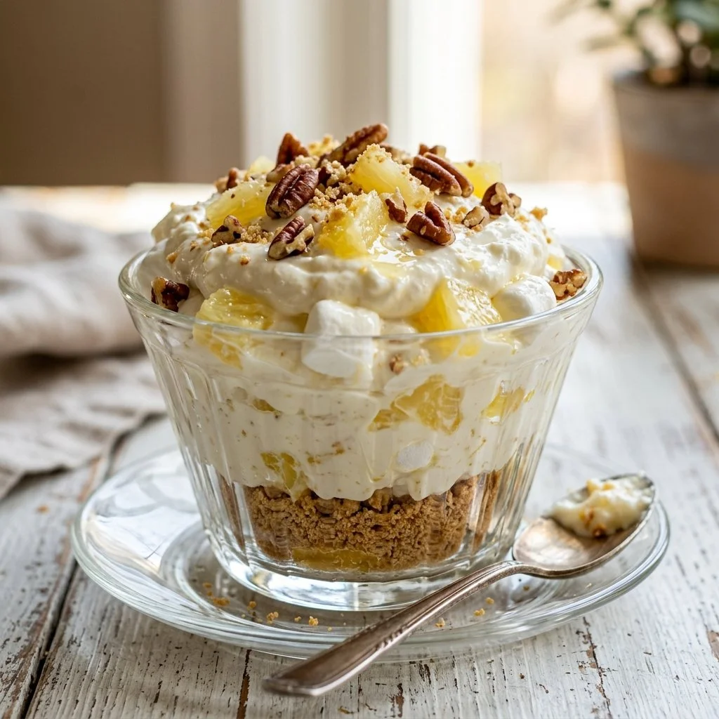 Delicious Pineapple Dream Dessert topped with creamy coconut and fresh pineapple.