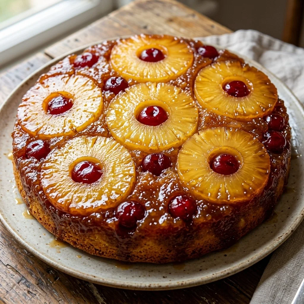 Delicious Pineapple Upside Down Cake served with a cherry on top