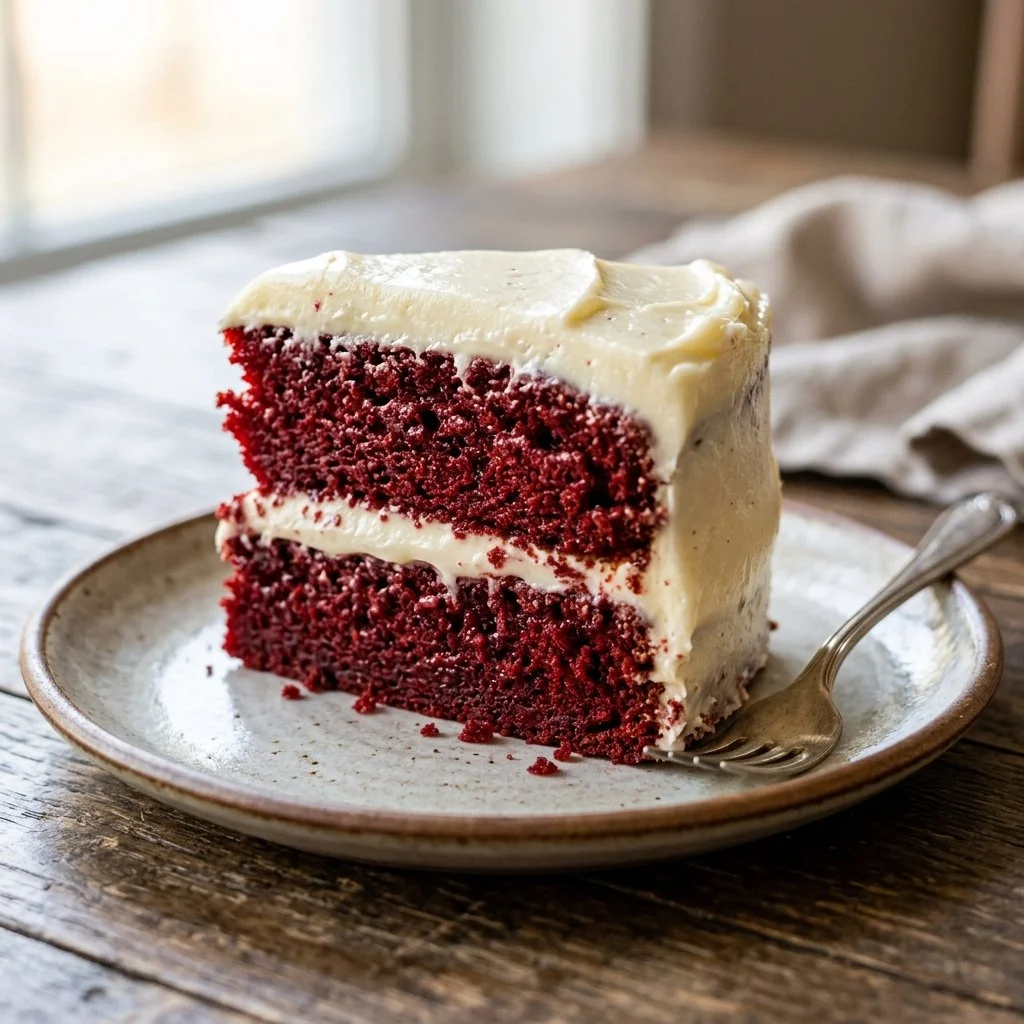 Slice of fluffy Red Velvet Cake with cream cheese frosting on a decorative plate