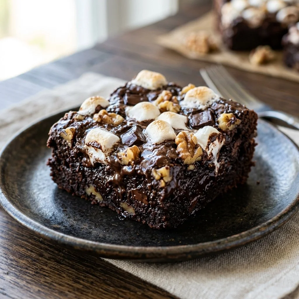Delicious homemade Rocky Road Brownies with marshmallows and nuts