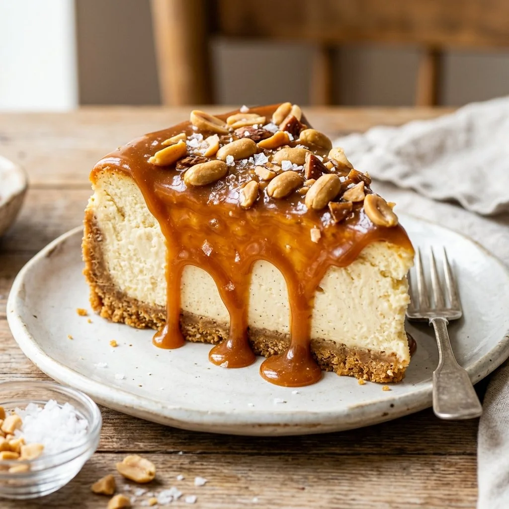 Delicious salted caramel cheesecake topped with drizzles of caramel sauce